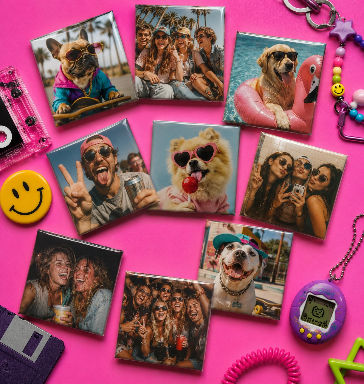 A set of nine custom photo magnets laid out on a hot pink background among 90s knick knacks